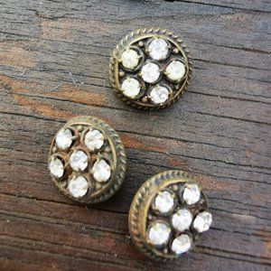 Lot of 3 Vintage Bronze Tone Metal Buttons with Rhinestones Czechoslovakia